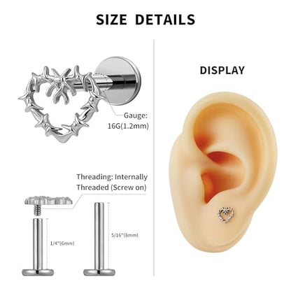 Hollow Heart Piercing Jewelry Collection - ASTM F136 Titanium Internally Threaded Flat Back Stud for Cartilage, Helix, Conch - color: Spiked Heart - Tit