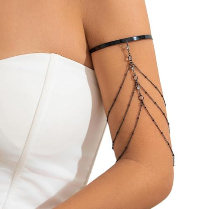 Simple Crystal Bead Tassel Upper Arm Chain Bracelet Multi-layered Bikini Armlet Rhinestone Adjustable Open Arm Cuff Bangle Bracelets Summer Beach Body Jewelry for Women - style: Black