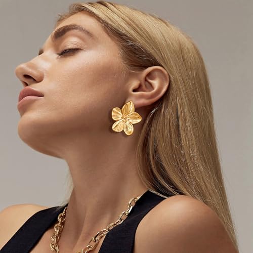 Chunky Gold Earrings For Women Trendy Statement Gold Plated Flower Shell Knot Dangle Earrings Lightweight Hypoallergenic Fashion Jewelry Set - color: gold-A