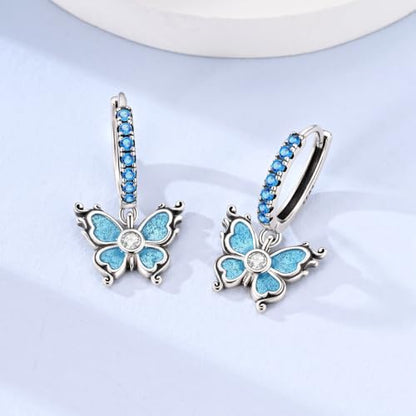 925 Sterling Silver Dangle Whale Shark Butterfly Bow Earrings for Women | Hypoallergenic Huggie Hoop Drop Cross Earrings for Sensitive Ears, Cubic Zirconia Statement Trendy Jewelry Birthday Gifts - color: Blue Sparkling Butterfly