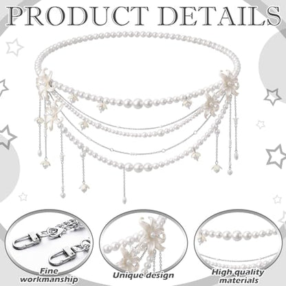 Jadive 5 Pieces Belt Chain Jeans Pants Pocket Waist Multi-Layer Hip Hop Metal Wallet Chain for Men Women - style: Pearl, Flower