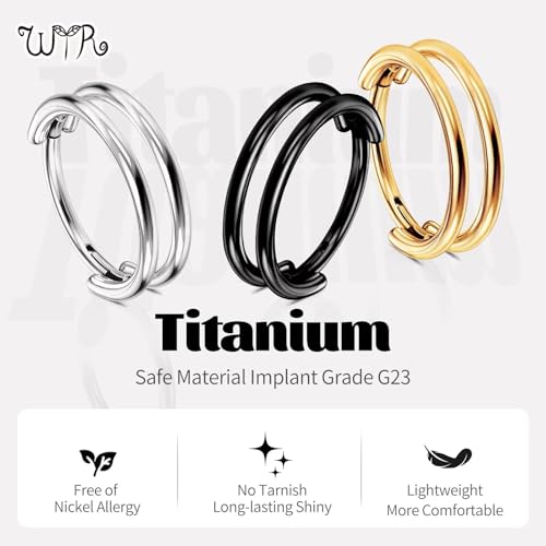 G23 Titanium Conch Piercing Jewelry Hoop: 16G 8mm/10mm/12mm Diamond Cartilage Earring Helix Double Piercing Hoop Septum Rings Hypoallergenic Nose Rings Hinged Segment Clicker Lip Rings Rook Daith Tragus Earrings - color: Black-Double Layers