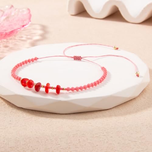 KELITCH Women Natural Stone Beads Anklet Boho Color Beaded Ankle Adjustable Foot Chain Jewelry for Summer Beach Holiday - color: Red 08E