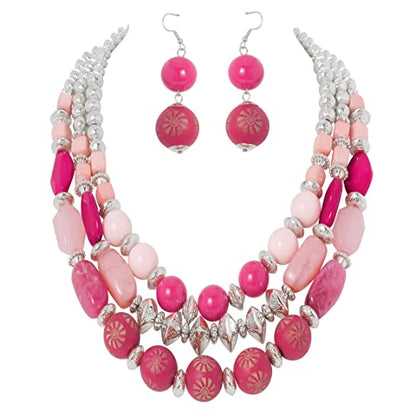 Bocar 3 Layer Chunky Statement Beaded Necklace and Earrings Set, Fashion Multi Layer Women Collar Necklace Jewelry Set - color: Bright Rose-Sliver