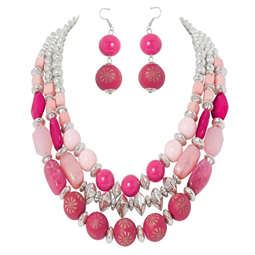Bocar 3 Layer Chunky Statement Beaded Necklace and Earrings Set, Fashion Multi Layer Women Collar Necklace Jewelry Set - color: Bright Rose-Sliver