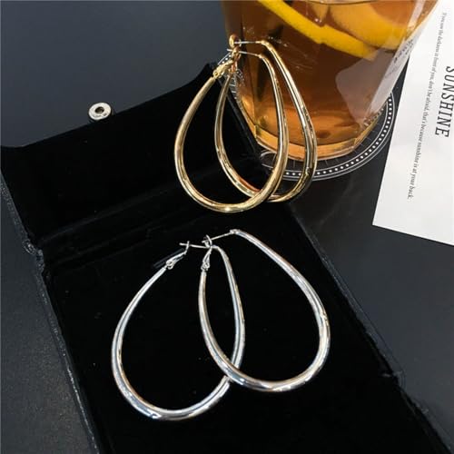 Chunky Large Oval Hoop Earrings for Women Sparkly Gold Teardrop Dangle Earrings Thick Bold Silver Hoop Drop Earrings Oval Stainless Steel Hoop Earrings Fashion Costume Jewelry Accessories - color: Silver
