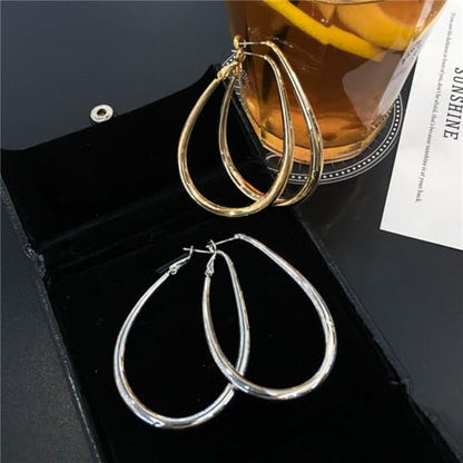 Chunky Large Oval Hoop Earrings for Women Sparkly Gold Teardrop Dangle Earrings Thick Bold Silver Hoop Drop Earrings Oval Stainless Steel Hoop Earrings Fashion Costume Jewelry Accessories - color: Silver