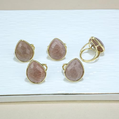 Crystal Ring for Women, Natural Rose Quartz Green Fluorite Ring for Her, Teardrop Shape Gemstone Ring, Handmade rose quartz Jewelry Adjustable Ring. - color: Sunstone