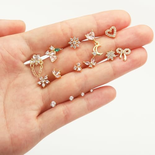 BSJ4U Nose Rings L Shaped for Women Nose Piercings 20G Surgical Stainless Steel Nose Studs CZ Heart Butterfly Flower Cherry Bow Moon Dangle Nose Piercing Jewelry - color: Gold Clear Nose Rings