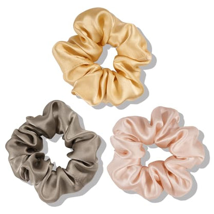 OLESILK 100% Mulberry Silk-Scrunchies for Hair Sleep, Women Grils Silk Hair Ties for Frizz & Breakage Curly Hair, No Damage, Elastics Ponytail Holder, 3 Pack - color: 3pcs, Taupe-Gold-Light Plum