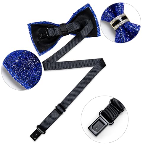 DiBanGu Mens Rhinestone Bow Tie with Ring and Lapel Pin Set | Adjustable Strap,Pre-tied Style,3PCS,Sequin Diamond Bowties，Solid/Mix Color,Shiny Accessory,for Party Prom Banquet Wedding - color: Shiny Royal Blue