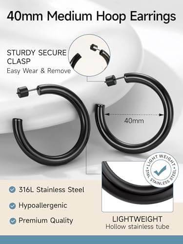 PROSTEEL Chunky Hoop Earrings for Women 14K Gold Plated/Black/Silver | 20/30/40/50/60/70/80mm Stainless Steel Thick Big Round Hoop with Waterproof and Non Tarnish Trendy Jewelry with Gift Box - color: 2. Black, size: 40MM