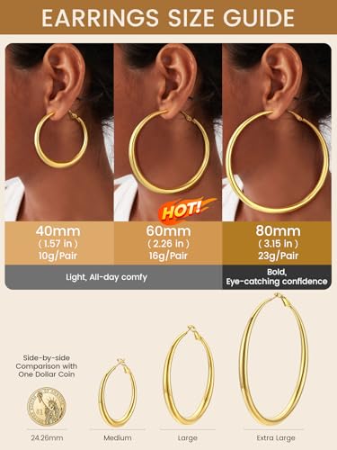 KeyStyle 5mm Thick Hoop Earring，Large Gold Hoop Earrings for Women | Stainless Steel Hoops Earring 14K Gold Plated/Silver/Black Hoop Lightweight Hypoallergenic Hollow Tube Hoop(40/60/80MM) - color: Gold, size: 80mm