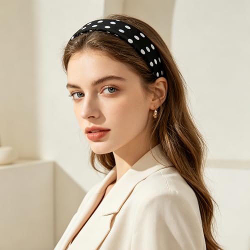 Padded Headband for Women, Polka Dot Wide Headbands, Thick Sponge Hair Bands, Non-Slip Fashion Hair Accessories for Daily Wear, Party, 2 Pack (Black & White)