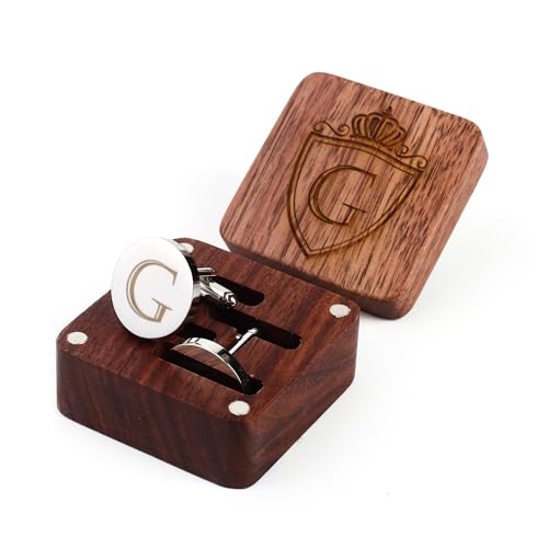 Mens Initial Silver Cufflinks A-Z Alphabet Letter Steel Cuff Links with Engraved Walnut Wood Box Groom Groomsman Wedding Set… - style: G