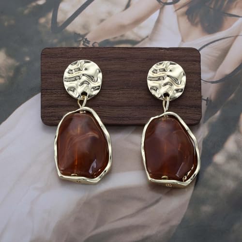 Vintage Irregular Acrylic Dangle Earrings Enamel Brown Drop Earrings Gold Hammered Disc Stud Earrings Acrylic Brown Geometric Earrings Jewelry for Women