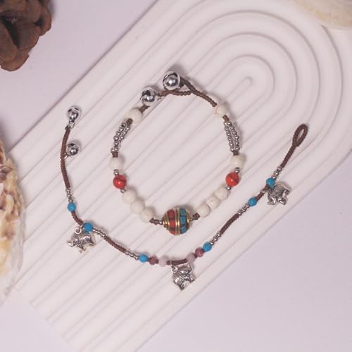 Petite Adjustable Boho Bracelet for Small Wrists 6-7.5 Inch - Handmade Nepalese Buddhist Prayer Bracelet with Elephant Charm, Brass Bell, Turquoise Stone & Tibetan Mantra Beads, Spiritual Lucky Gift - color: Silver-2Pcs