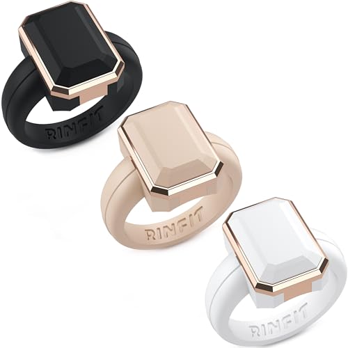Patented Metal-Framed Silicone Rings - Emerald Collection - color: Pack P - Black, Nude, and White / Metal Rose Gold