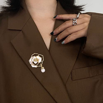 Women Camellia Flower Pearl Enamel Brooch Pins for Ladies Jewelry Fashion - color: A