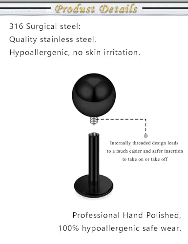 Internally Threaded Labret Studs 18G 16G 14G Surgical Steel Lip Piercing Jewelry with Claw Tool Monroe Snake Bite Jewelry Flat Back Barbell for Women Men Plus Piercing Ball Grabber Tool - color: black, size: 14g,ball end