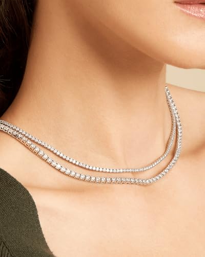 Double Layer Tennis Necklaces for Women - Dainty Gold and Silver CZ Tennis Necklace Simple Tennis Chain Sparkly CZ Choker Necklaces for Women Trendy Silver Jewelry - color: Silver, style: 14inch/1.5mm & 16inch/2mm