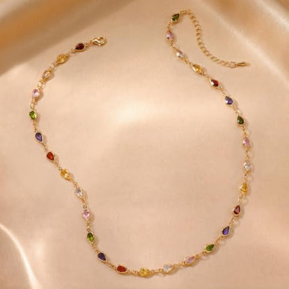 Colorful Necklace for Women,14K Gold Plated Chain With Crystal Necklace Womens Statement Cute Trendy Surfer Beach Choker Necklaces Gifts - color: Colorful Teardrop