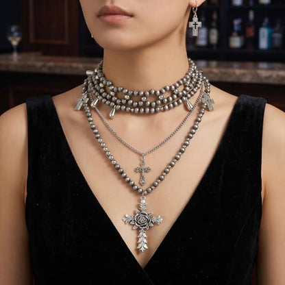 Bocar Gothic Cross Layered Pearl Necklace Chunky Statement Stacked Necklace Y2K Silver Layered Necklace for Women (NK-10769) - color: Navajo