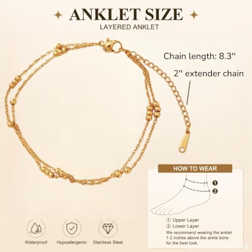 Waterproof Gold Plated Layered Anklets for Women Daisy/Herringbone/Heart Charm/Bead Chain Non Tarnish Stainless Steel Summer Foot Jewelry Gift for Her, with Gift Box - color: 4. two bead chains
