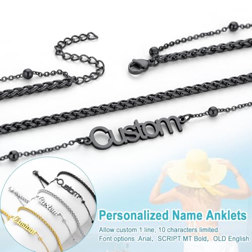 U7 Custom Layered Ankle Bracelets for Women Stainless Steel Bead/Cuban/Figaro/Rope/Wheat Chain Anklet Waterproof Anklet Jewelry for Beach Vacation - color: c-Black-Wheat Chain