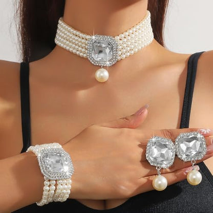 Fashion Bride Silver Black Green Bridal Layered Rhinestone Crystal 1920s Faux Pearls Necklace Earrings Bracelet Set Crystal Wedding Jewelry Set Rose Red Square Choker Necklace for Women - color: Silver