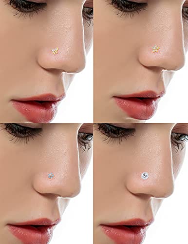 9Pcs Nose Rings Stud L Bone Screw Shaped Nose Ring Flower CZ Snowflake Butterfly Screw Nose Stud Body Piercing Jewelry for Women Men 20G Silver Gold Rose Gold Tone - color: E:Silver Tone&Screw Shaped
