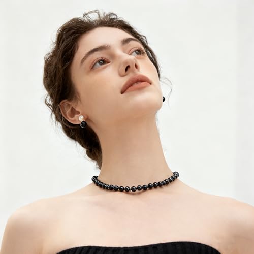SukAmi 4-10mm Pearl Choker Men Black Pearl Necklace Women Faux Pearl Necklaces 45CM - size: 10mm