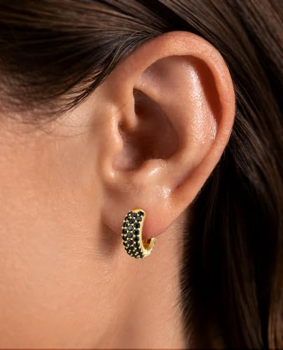 Gokeey Cubic Zirconia Hoop Earrings for Women, Sterling Silver Plated Small Huggie Hoops CZ Pave Chunky Thick Earrings Non Tarnish Hypoallergenic Lightweight Jewelry April Birthstone Gifts - color: Black Diamond-Gold
