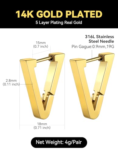 ChainsHouse Stud Earrings for Men Women,316L Stainless Steel/14K Gold/Black Plated Metal, Punk Hypoallergenic Surgical Huggie Hoop Earrings Mens Jewelry Piercing Hoop Earrings - style: A: Gold-Triangle(1 Pair)
