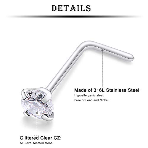 18G 20G 22G Nose Rings Studs 316L Surgical Steel Straight Screw L Shaped Nose Studs for Women Men CZ Opal Size 1.5mm 2mm 2.5mm 3mm - color: 18G-L Shape-Opal/CZ 2mm