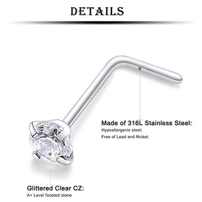 18G 20G 22G Nose Rings Studs 316L Surgical Steel Straight Screw L Shaped Nose Studs for Women Men CZ Opal Size 1.5mm 2mm 2.5mm 3mm - color: 22G-L Shape-Opal/CZ 2mm