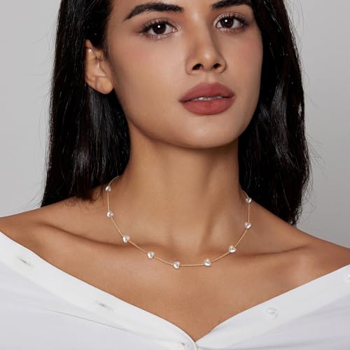 Zeffy Dainty Gold Heart Necklace for Women Trendy 14K Gold/Silver Plate Cute Heart Pendant Choker Necklaces Gold Love Heart Chain Necklace for Women Dainty Gold Jewelry Gifts for Women - style: Pearl Puffy Heart Choker-Gold