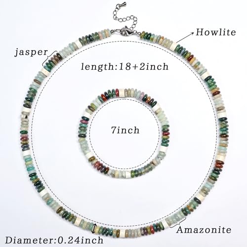 Beaded Necklaces for Women 3Pcs Colorful Boho Gemstone Bead Choker Summer Natural Stone Surfer Beach Bead Necklace Bracelets Earring Set Handmade Jewelry for Women Gift Jewelry Sets - color: 02-green