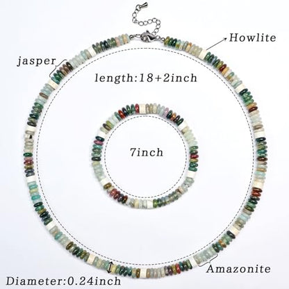 Beaded Necklaces for Women 3Pcs Colorful Boho Gemstone Bead Choker Summer Natural Stone Surfer Beach Bead Necklace Bracelets Earring Set Handmade Jewelry for Women Gift Jewelry Sets - color: 02-green