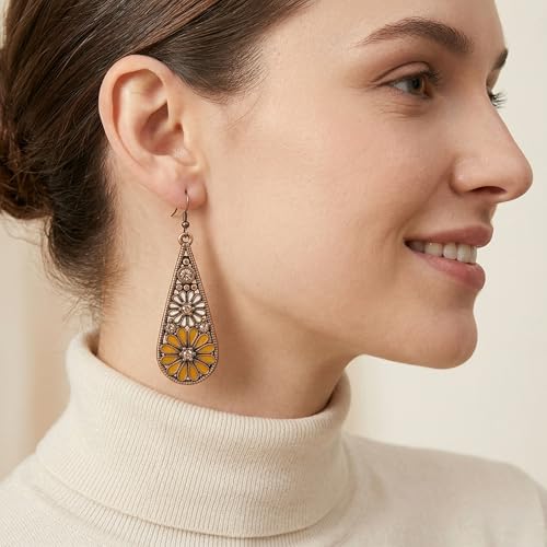 Bohemian Crystal Teardrop Dangle Earrings, Copper, Tribal Geometric Design, Handmade National Style for Women - color: Mustard Yellow