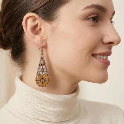 Bohemian Crystal Teardrop Dangle Earrings, Copper, Tribal Geometric Design, Handmade National Style for Women - color: Mustard Yellow
