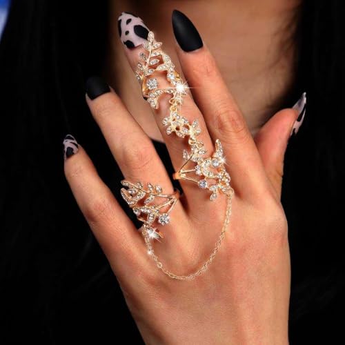 Rhinestone Finger Ring for Women Sparkly Crystal Butterfly Flower Leaf Adjustable Statement Chain Rings Punk Jewelry - color: Gold Leaf