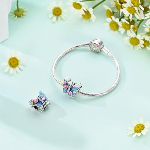 LNQOBU 925 Sterling Silver Charms for Bracelets Dangle Pendant fit Pandora Bracelets or Necklaces Jewelry Woman Gift Beads Charm (With one Spacer Beads) - style: Flower Butterfly Beading