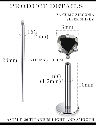 20G 18G 16G Astm F136 Titanium Internal Thread Flat Back Earrings Nose Studs Tragus Helix Conch Cartilage Lobe Earrings Medusa Labret Snake Bite Monroe Lip Ring Piercing Jewelry For Women Men - color: Black, size: 16G-10MM Bar-CZ 3MM