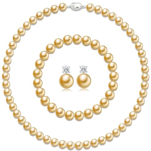Pearl Necklaces for Women,8mm Pearl Necklace and Earring Bracelet Jewelry Set for Women Men Wedding Birthday Valentine Christmas Day Gifts - color: Yellow