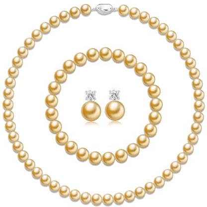 Pearl Necklaces for Women,8mm Pearl Necklace and Earring Bracelet Jewelry Set for Women Men Wedding Birthday Valentine Christmas Day Gifts - color: Yellow