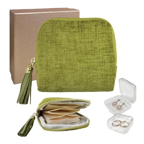 Small Travel Jewelry Case with Earring Box Mini Jewelry Case | 6 Individual Layers Portable Chenille Travel Jewelry Organizer Pouch for Bangle Necklace Bracelet, Gifts for Women, Green - color: Green