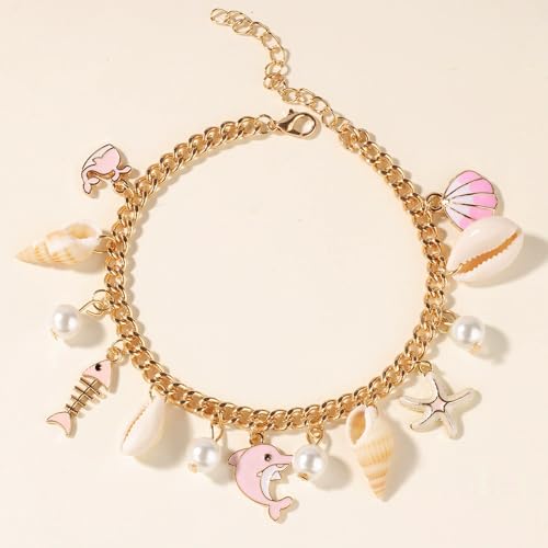 Shell Starfish Bracelet Seahorse Conch Starfish Sea Shell Pearls Charm Stone Bracelet Statement Bohemian Sea Themed Beach Jewelry for Women - color: Anklet