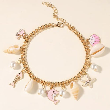 Shell Starfish Bracelet Seahorse Conch Starfish Sea Shell Pearls Charm Stone Bracelet Statement Bohemian Sea Themed Beach Jewelry for Women - color: Anklet