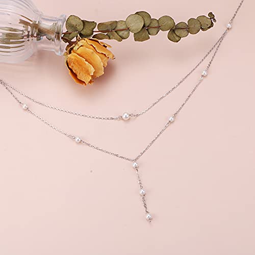 925 Sterling Silver Multilayer Layered Triple Long Chain Necklace for Women - style: Pearl 2 Layered